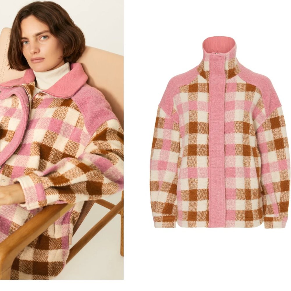 Varley Pink and Brown Checkered Bomber Jacket